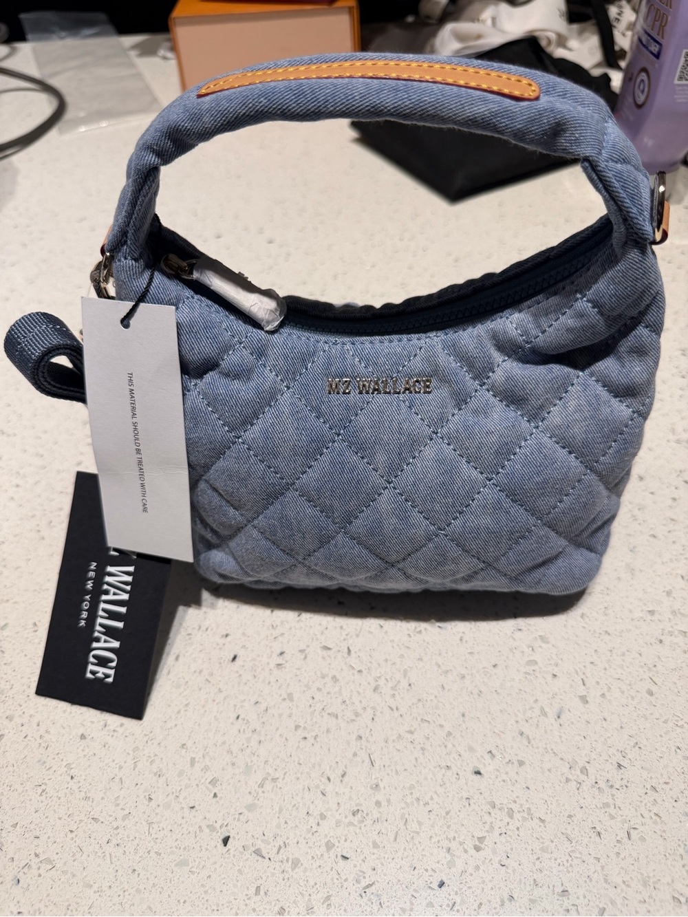MZ Wallace Quilted Denim Mini Tote in Light Blue with Tan Trim